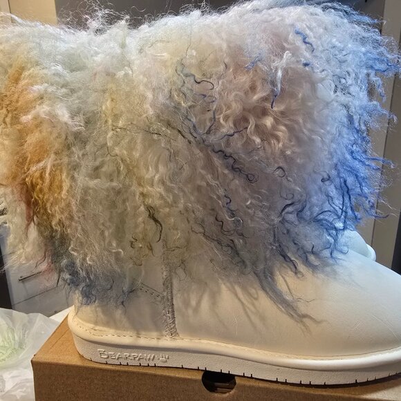 BEARPAW Boo Real Lamb Fur Lined Boots White / Rainbow Women's Size 8 NEW RARE - Picture 1 of 14